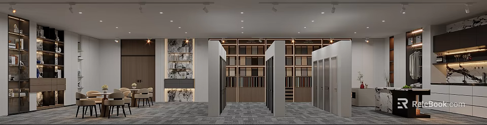 Modern Retail Store Interior With Wooden Display Shelves Product Arrangements And Bright Lighting 3d model 