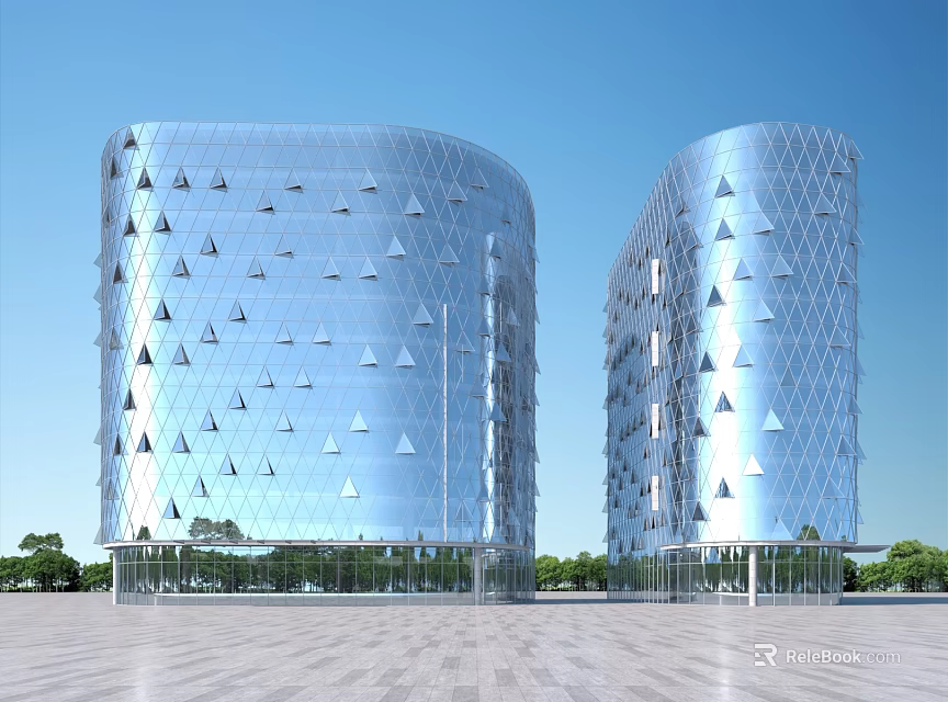 Two Modern Office Buildings With Glass Facade And Triangular Designs Under Blue Sky 3d model