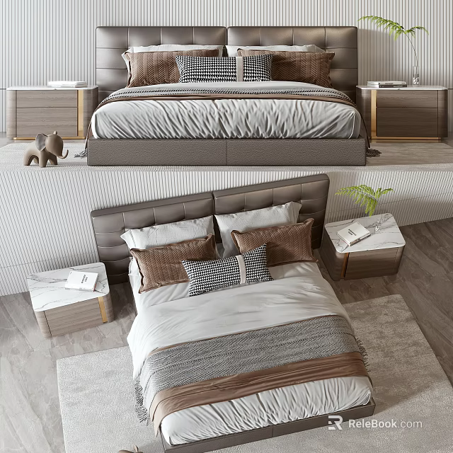 Modern Double Bed With White And Brown Pillows Wooden Nightstands In Bedroom Interior 3d model 