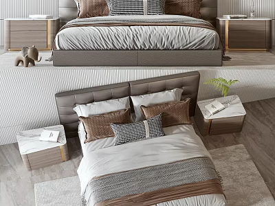 Modern Double Bed With White And Brown Pillows Wooden Nightstands In Bedroom Interior 3d model