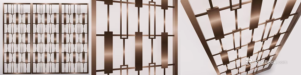 Modern Geometric Bronze Room Divider With Vertical Bars And Geometric Patterns For Interior Design 3d model