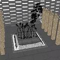 Garden Ornament Design With Stone Pillars Water Feature Plant Sculptures Shaped Tree And Lattice Wall