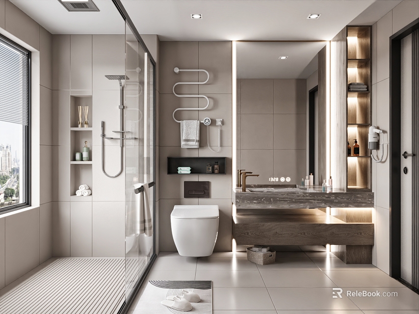 Modern Bathroom Interior Design With Shower Toilet Vanity Mirror And Storage Cabinets 3d model 