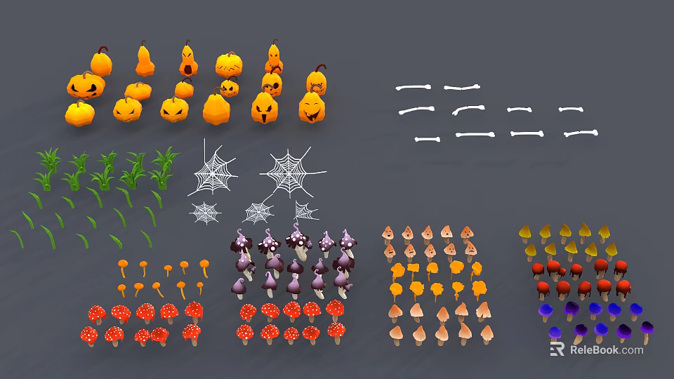 Animal Inspired Halloween Decor Collection With Pumpkins Bones Spider Webs And Mushrooms 3d model 