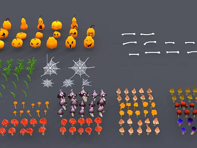 Animal Inspired Halloween Decor Collection With Pumpkins Bones Spider Webs And Mushrooms 3d model