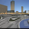 Modern Urban Plaza Landscape With Night Lighting Curved Paving And Tall Glass Buildings