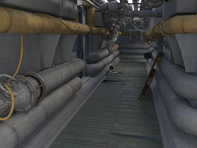 Modern Industrial Pipe Corridor With Metal Pipes Yellow Cables And Wooden Floor 3d model