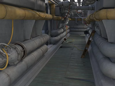 Modern Industrial Pipe Corridor With Metal Pipes Yellow Cables And Wooden Floor 3d model