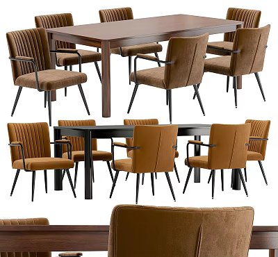 Modern Dining Table Set With Wooden Top And Brown Striped Chairs Black Legs 3d model