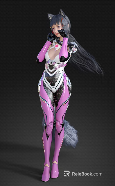 Futuristic Woman In Pink Mechanical Armor Suit With Long Black Hair And Furry Tail 3d model 
