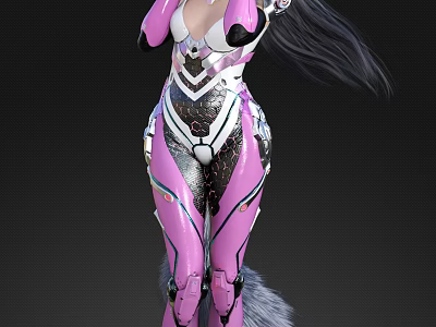 Futuristic Woman In Pink Mechanical Armor Suit With Long Black Hair And Furry Tail 3d model
