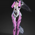Futuristic Woman In Pink Mechanical Armor Suit With Long Black Hair And Furry Tail