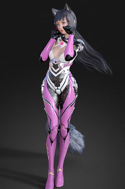 Futuristic Woman In Pink Mechanical Armor Suit With Long Black Hair And Furry Tail 3d model