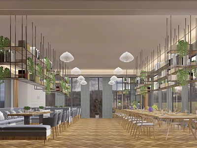 Modern Restaurant Interior With Pendant Lights Green Plants Wooden Flooring Dining Tables And Chairs 3d model