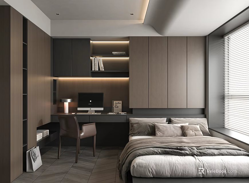 Modern Tatami Bedroom Interior Design With Bed Desk Computer Bookshelf And Cabinets 3d model 
