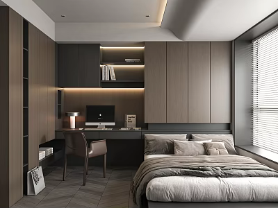 Modern Tatami Bedroom Interior Design With Bed Desk Computer Bookshelf And Cabinets 3d model