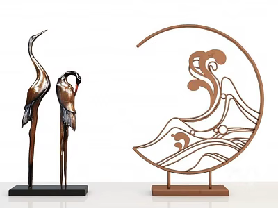 Bronze Colored Crane Sculptures And Crescent Wave Pattern Decorative Ornament Set 3d model