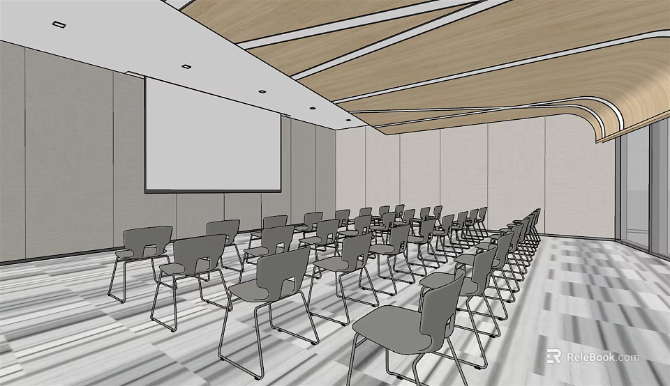 Modern Meeting Room Interior With Wooden Ceiling Large Projector Screen And Arranged Chairs 3d model 