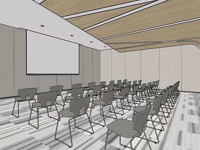Modern Meeting Room Interior With Wooden Ceiling Large Projector Screen And Arranged Chairs 3d model