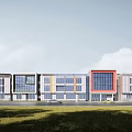 Modern School Building With Glass Curtain Walls Red Accents And Connected Wings