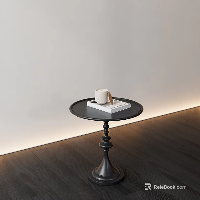 Black Round Side Table With White Cup And Book On Dark Wooden Floor 3d model 