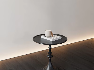 Black Round Side Table With White Cup And Book On Dark Wooden Floor 3d model