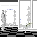 Modern Decorative Mirror with Vision Text Sculptures Black White Checkerboard Floor and Green Plant