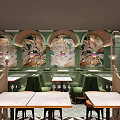 Stylish Restaurant With Green Booths Black White Geometric Tiles Bar Pink Neon And Wall Art