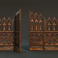 Gothic Style Wooden Room Divider With Intricate Carvings And Arch Patterns