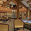 Luxurious SPA Sauna Interior With Hot Spring Pool Wooden Ceiling Hanging Lamps And Green Plants