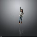 Woman Wearing White Top Blue Jeans Brown Boots Raising Right Hand Against Gray Background