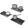 Modern Kitchen Gas Stoves With Pots And Blue Flames On Black Surfaces