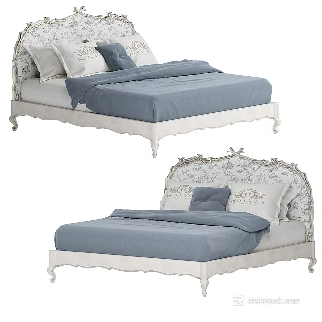 Elegant White Carved Double Bed With Blue Bedding And Decorative Pillows 3d model