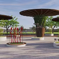 Scenic Park Landscape With Umbrella Shaped Structures Green Trees Water Surface And Seating Areas