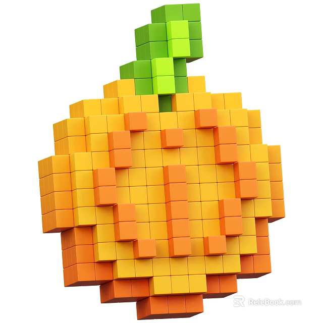 Pixel Art Pumpkin Decorative Ornament Set With Yellow Green Cubes 3d model 