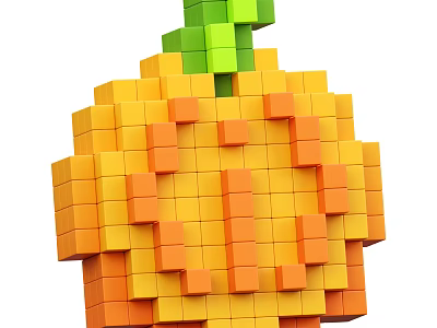 Pixel Art Pumpkin Decorative Ornament Set With Yellow Green Cubes 3d model