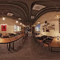 Cozy Bar Interior With Wooden Counter High Stools Hanging Lights And Guitar Decor