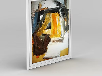 Abstract Oil Painting In White Frame With Yellow Brown Blue Colors For Home Decor 3d model