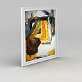 Abstract Oil Painting In White Frame With Yellow Brown Blue Colors For Home Decor