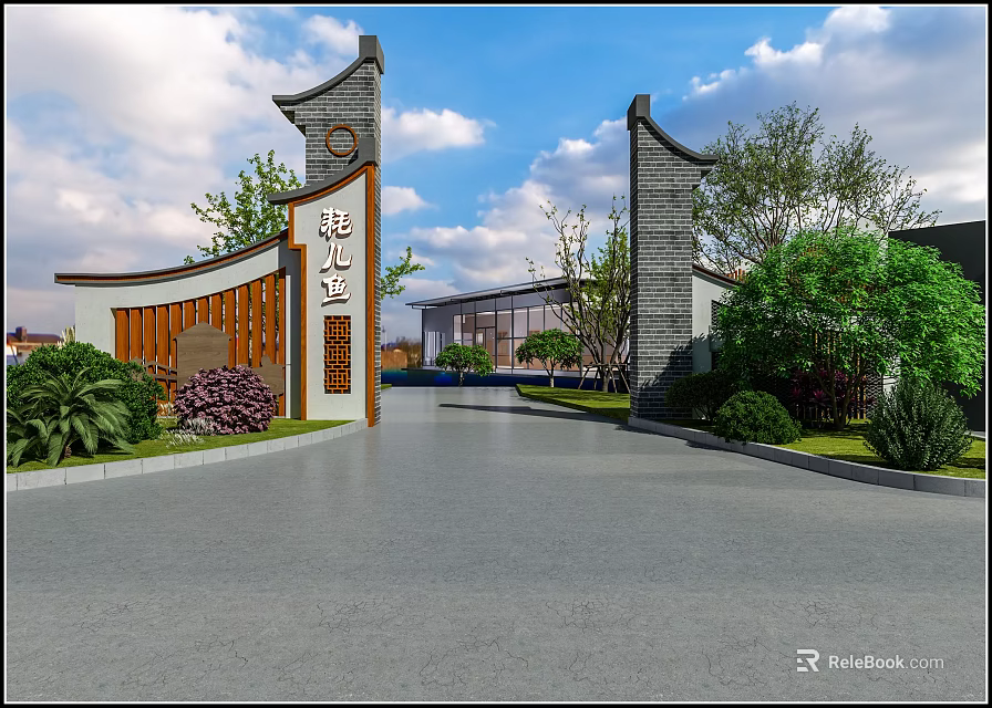 Traditional Entrance Gate With Chinese Architectural Design And Lush Greenery Along Driveway 3d model 