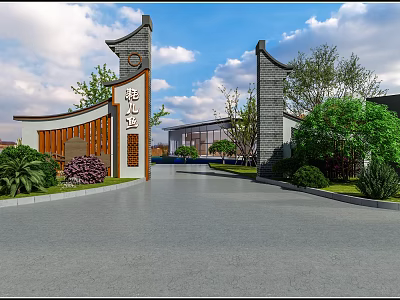 Traditional Entrance Gate With Chinese Architectural Design And Lush Greenery Along Driveway 3d model