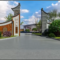 Traditional Entrance Gate With Chinese Architectural Design And Lush Greenery Along Driveway