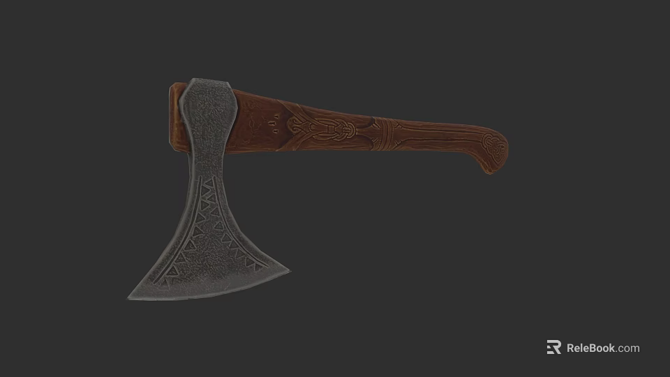 Traditional Medieval Axe With Intricate Carved Wooden Handle And Metal Blade 3d model 
