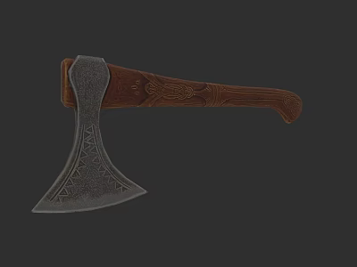 Traditional Medieval Axe With Intricate Carved Wooden Handle And Metal Blade 3d model