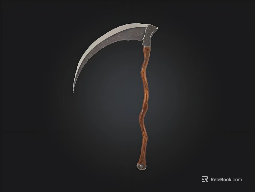 Traditional Scythe With Curved Sharp Metal Blade And Rustic Wooden Handle 3d model 