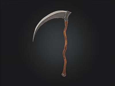 Traditional Scythe With Curved Sharp Metal Blade And Rustic Wooden Handle 3d model