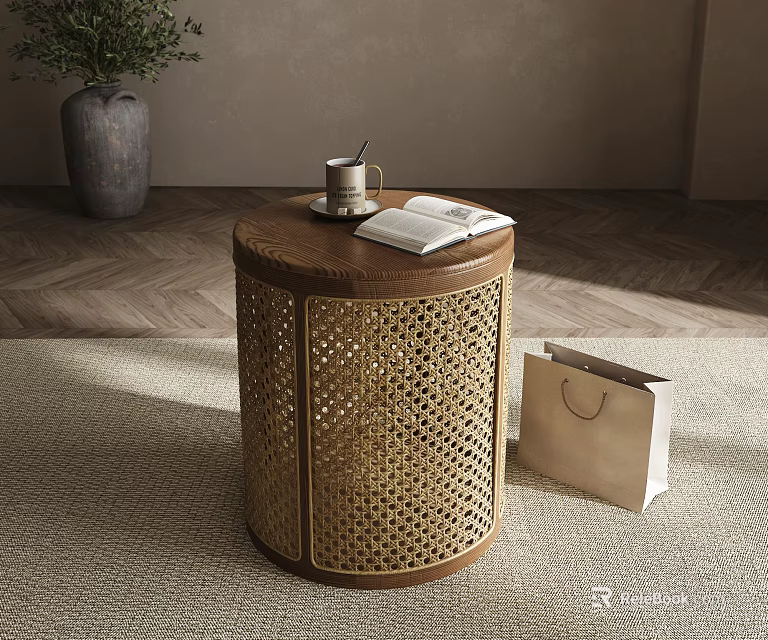 Round Wooden Coffee Table with Woven Rattan Design Open Notebook Mug Shopping Bag on Rug 3d model 
