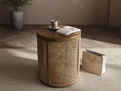 Round Wooden Coffee Table with Woven Rattan Design Open Notebook Mug Shopping Bag on Rug 3d model