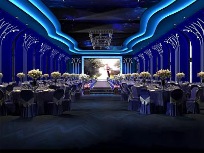 Elegant Banquet Hall With Blue Lighting Dining Tables And Flower Arrangements 3d model