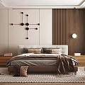 Modern Bedroom Interior With King Bed Wooden Accent Wall And Geometric Wall Art